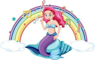 schöne Meerjungfrau mit Melodiesymbolen auf Regenbogen vektor
