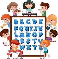 az alfabetstavla med många barn som gör olika aktiviteter vektor