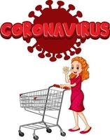 Coronavirus-Schrift mit einer Frau, die am Einkaufswagen steht vektor