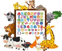 Alphabet Az und Mathe Symbole auf einem Brett mit wilden Tieren vektor