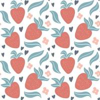 söta sömlösa mönster med handritade jordgubbar, löv, blommor vektor