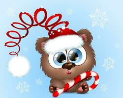 söt fluffig tecknad serie liten rolig Björn santa med jul godis sockerrör. vektor