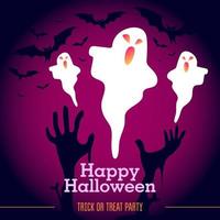 halloween spöke med rosa neonlutning, fladdermöss och zombiehänder vektor