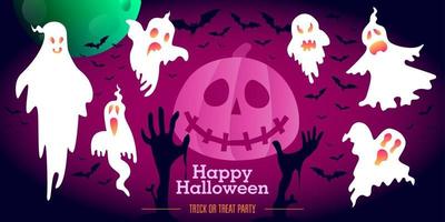Halloween-Geist mit rosa Neon-Farbverlauf, Mond, Fledermäusen und Zombie-Händen