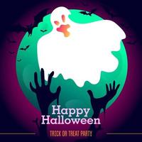 halloween spöke med rosa neonlutning, måne, fladdermöss och zombiehänder vektor