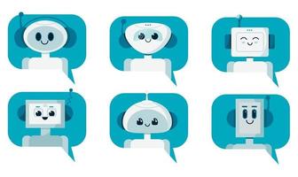 Reihe von lächelnden süßen Roboter-Chat-Bots in Sprechblase. Unterstützung vektor