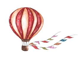 Vintage Heißluftballon mit Fahnengirlanden. Aquarellillustration. vektor