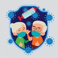 Geimpftes Seniorenpaar mit Gesichtsmaske schließt sich der Impfkampagne an vektor