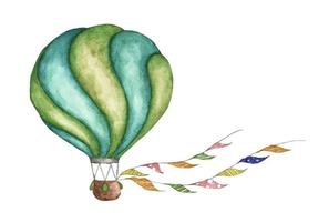 grüner Heißluftballon mit Fahnengirlanden. Aquarellillustration. vektor