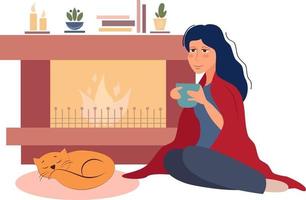 vektor illustration flicka dricker kaffe och solar vid eldstaden
