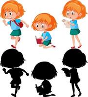 tecknad karaktär av en flicka med olika poser med silhuett vektor