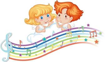 Amor-Junge und Mädchen-Cartoon-Figur mit Melodiesymbolen auf Regenbogen vektor