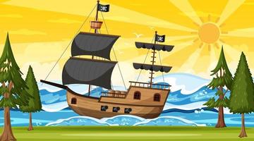 Ozean mit Piratenschiff bei Sonnenuntergangzeitszene im Karikaturstil vektor