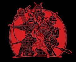 Gruppe von Samurai-Kriegern, die bereit sind, auf Sonnenuntergangshintergrund zu kämpfen vektor