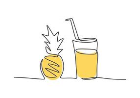 Ananas und ein Glas Saft in durchgehender Linie vektor