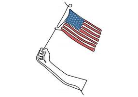 eine durchgehende Einzellinienzeichnung der Hand, die die amerikanische Flagge hält vektor