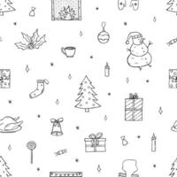 sömlös mönster jul och ny år uppsättning av klotter ikoner. vektor bakgrund tapet av tecknad serie hand dra element av de symbol av jul.