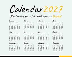 kalender 2027, handstil, minimal stil, vecka Start på söndag. vektor