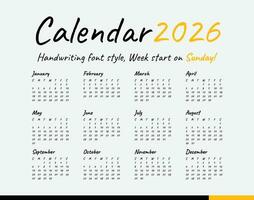 Kalender 2026, Handschrift, minimal Stil, Woche Start auf Sonntag. vektor