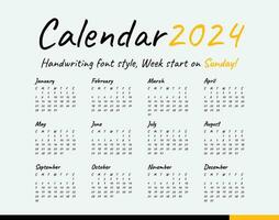 kalender 2024, handstil, minimal stil, vecka Start på söndag. vektor