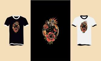 huvud svart Varg och blommor t-shirt design vektor