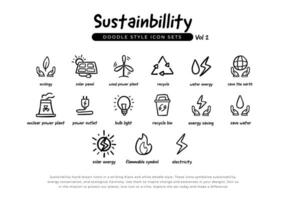 einstellen von Nachhaltigkeit Grün Energie und Ökologie Gekritzel Hand gezeichnet Linie Symbole. Volumen 2 Symbole einstellen zum verlängerbar Energie, Grün Technologie und Ökologie. Vektor Illustration