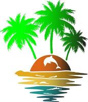 retro Delfine und Palme Bäume, Strand Szene Clip Art Bild, Retro Sonnenuntergang Strahlen wellig Wasser, Ozean Wellen Sonne Strahlen Orange Blau Gelb vektor