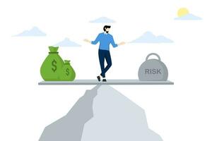 das Konzept von Balance zwischen Risiko und profitieren. Geschäft Risiko. finanziell Management. Unternehmer Balance zwischen Geschäft Profite und Risiken beim das oben von das Berg. eben Vektor Illustration.