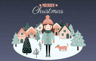 hand dragen vinter- baner med flicka, snöig träd, hus. jul design, bakgrund, affisch. vintrig scener. vektor