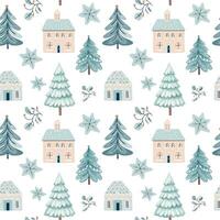 sömlös mönster med snöflinga, hus och träd. vektor hand dragen jul element. vinter- bakgrund