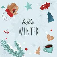 Hallo Winter Banner mit Fäustlinge, Schneeflocken, Beeren und Kaffee Tasse. Winter Hintergrund vektor