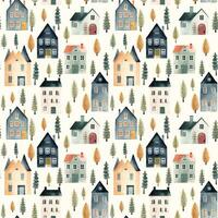 süß Aquarell Gebäude und Bäume. europäisch Häuser nahtlos Muster. modisch Scandi Vektor Hintergrund