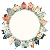 Stadtbild rahmen, skandinavisch Häuser. europäisch Stadt, Rahmen mit Häuser zum Ihre Design, Vorlage. vektor