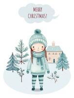 hand dragen vinter- affisch med söt flicka, träd, hus. vinter- jul illustration. vintrig scener. vektor