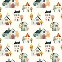 söt vattenfärg byggnader och träd. europeisk hus sömlös mönster. trendig scandi vektor bakgrund