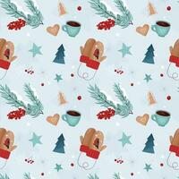 sömlös vinter- mönster med stickat vantar, kaffe koppar bär och snöflingor. jul mönster. design för textil, grafik, omslag papper, klippbok, hälsning kort. vektor