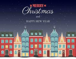 jul kort, baner med färgrik scandinavian hus i vinter. vinter- illustration, jul ram, mall vektor