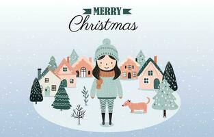 Hand gezeichnet Winter Banner mit Mädchen, schneebedeckt Bäume, Häuser. Weihnachten Design, Hintergrund, Poster. winterlich Szenen. vektor