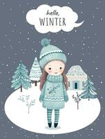 hand dragen vinter- affisch med söt flicka, träd, hus. vinter- jul kort. vintrig scener. vektor