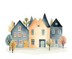 scandinavian hus och träd. söt scandi vattenfärg hem. europeisk byggnad exteriör. barnslig vektor illustration