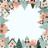 fyrkant vinter- kort, jul ram med text, scandi hus, träd, flickor. ny år, vinter- prydnad, affisch vektor