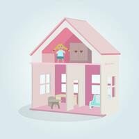 Rosa Puppe Haus mit zwei Stockwerke, wenig Möbel und Puppe. Vektor Illustration.