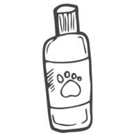 Shampoo zum Haustiere im Gekritzel Stil. groß Plastik Flasche beschriftet Haustier Shampoo. Zubehörteil zum Haustiere Hand Zeichnung. Tier Pflege Symbol isoliert auf Weiß Hintergrund. Vektor Illustration.