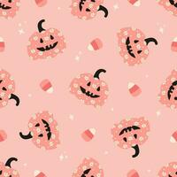 rosa pumpa med blommor och godis majs. halloween sömlös mönster för omslag papper, tyger och barn kläder vektor