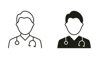 medicinsk specialist symbol samling. professionell läkare med stetoskop linje och silhuett svart ikon uppsättning. manlig läkare, läkare assistent piktogram. isolerat vektor illustration.