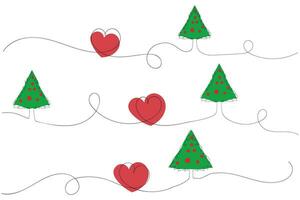 hand dragen tunn kontinuerlig linje jul träd med hjärtan symbol vektor, ett linje tall gran träd romantisk relation kärlek tecken, minimalistisk översikt enda linje konst Semester kort dekorationer vektor