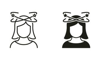 Kopfschmerzen, abgelenkt Kopf, Schwindel, Migräne Linie und Silhouette schwarz Symbol Satz. Frauen Gefühl schwindlig Piktogramm. müde Frau mit Übelkeit Symbol Sammlung. isoliert Vektor Illustration.