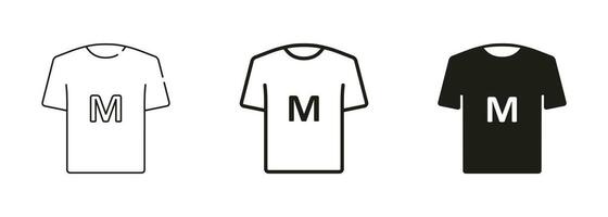 T-Shirt Größe schwarz Silhouette und Linie Symbole Satz. Mensch Kleidung Mittel Größe Etikett. Mann oder Frau T-Shirt m Größe Schild. isoliert Vektor Illustration.