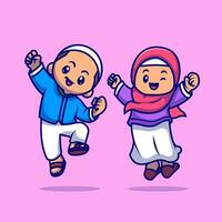 süß Mädchen und Junge Moslem feiern ied Mubarak Karikatur Vektor Symbol Illustration. Menschen Religion Symbol Konzept isoliert Prämie Vektor. eben Karikatur Stil
