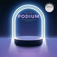 lila Podium Bühne Stand Produkt Anzeige mit Weiß Neon- Licht Tür Studio Schuss auf ein schwarz Hintergrund. Vektor Illustration